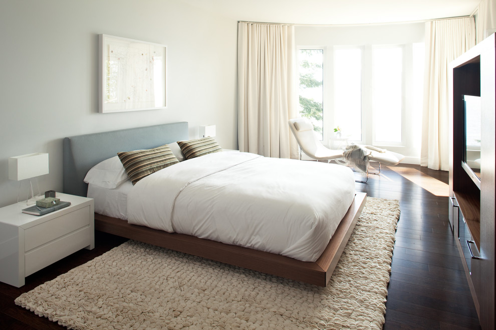Transitional master bedroom in Vancouver with white walls.