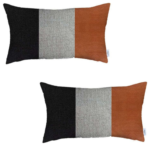 Set of 2 Brown Faux Leather Lumbar Pillow Covers Contemporary