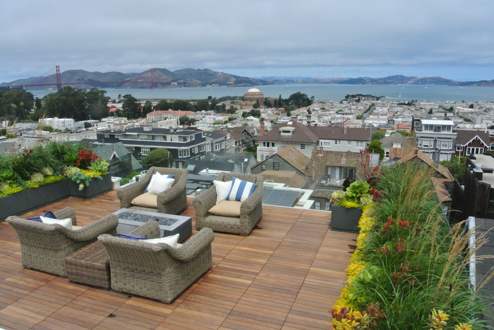 Inspiration for a transitional rooftop and rooftop deck in San Francisco with a fire feature and no cover.
