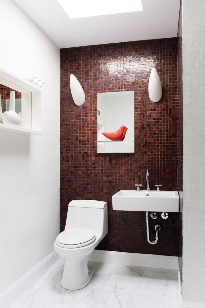 Photo of a contemporary powder room in DC Metro with a wall-mount sink and red tile.