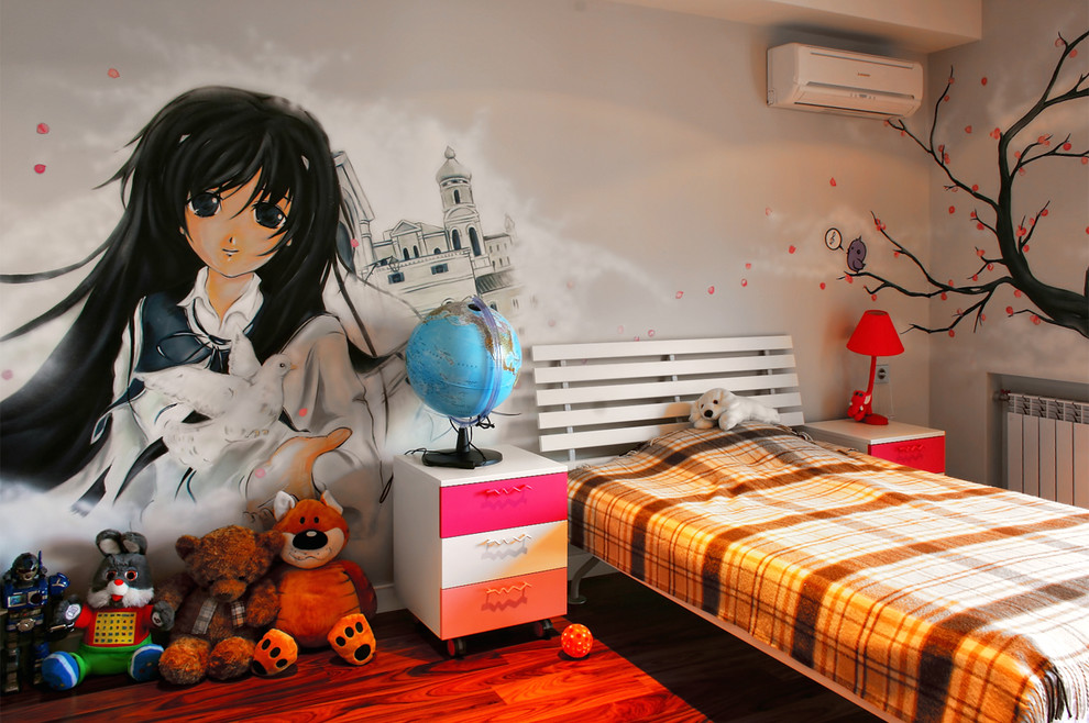 Design ideas for a small contemporary kids' bedroom for kids 4-10 years old and girls in Other with dark hardwood floors, multi-coloured walls and red floor.