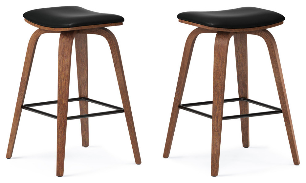 Larsen Saddle Bar Stool, Set of 2, Faux Leather Midcentury Bar