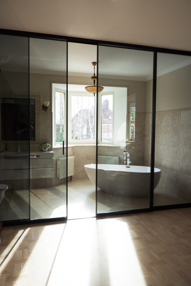 Раздвижная межкомнатная перегородка raumplus в темном тонком профиле