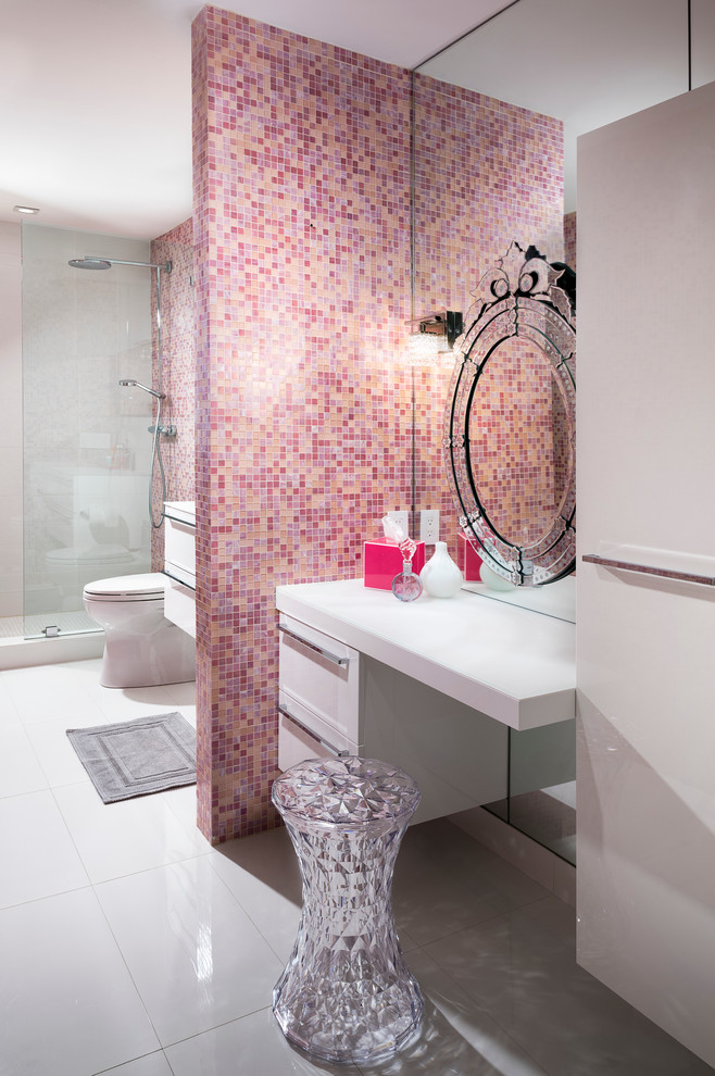 Inspiration for a large transitional bathroom in Miami with flat-panel cabinets, white cabinets, an open shower, pink tile, mosaic tile and an open shower.