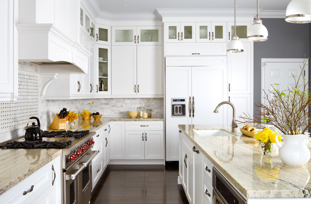 Inspiration for a transitional l-shaped dark wood floor kitchen remodel in Toronto with an undermount sink, recessed-panel cabinets, white cabinets, multicolored backsplash, paneled appliances and an island