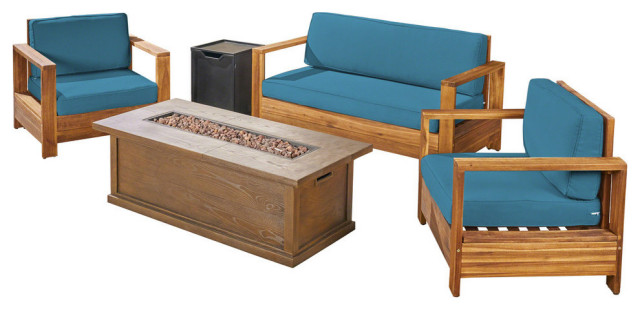 GDF Studio Alexis Outdoor 4-Seater Acacia Chat Set With Fire Pit and Tank Holder