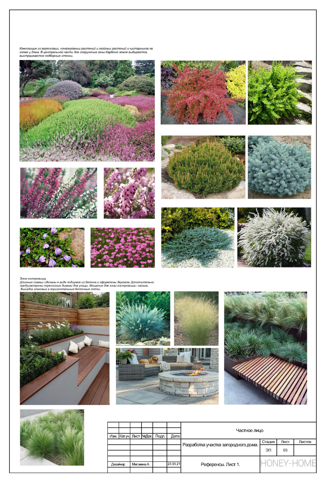 Референсы с растениями и материалами для зоны костровища и барбекю.