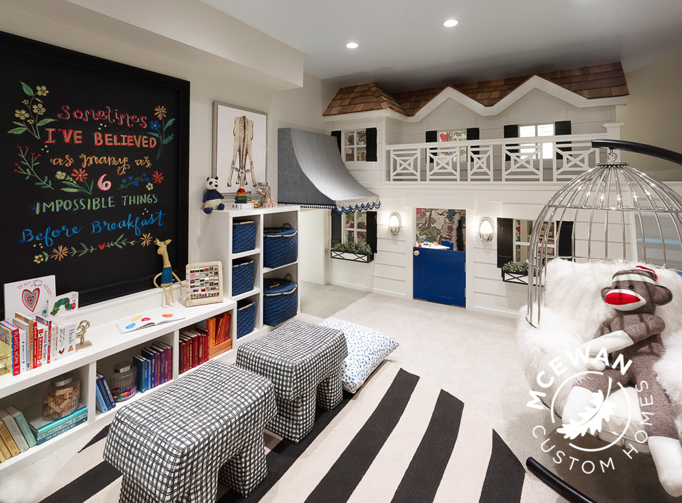 Large elegant gender-neutral carpeted kids' room photo in Salt Lake City with gray walls