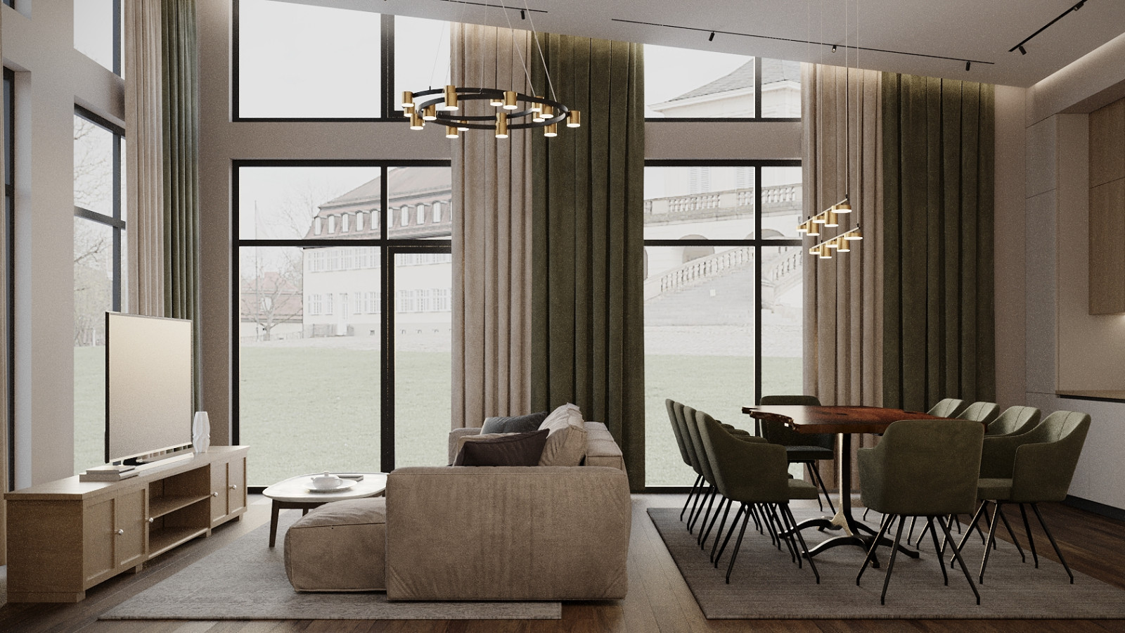 Визуализация кухни-гостиной в частном доме