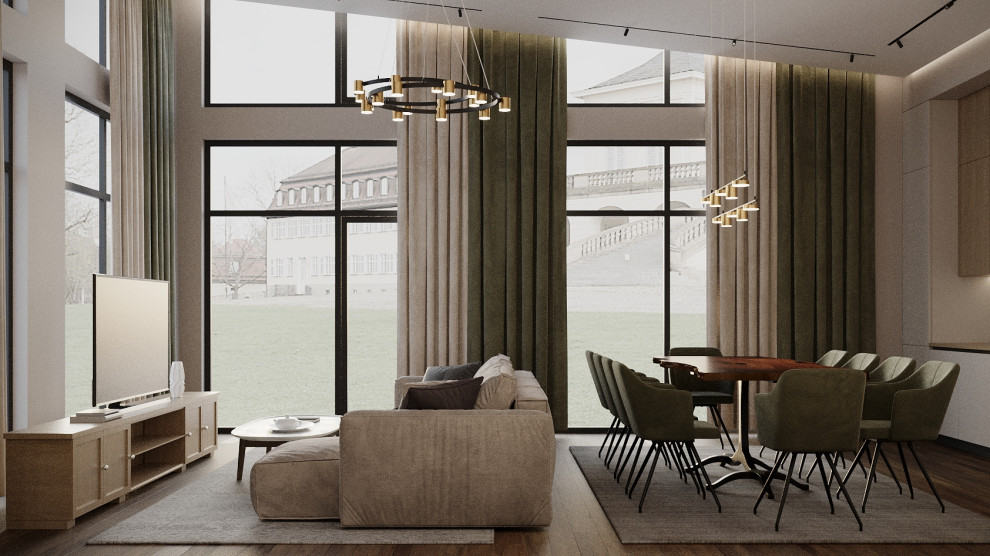 Визуализация кухни-гостиной в частном доме