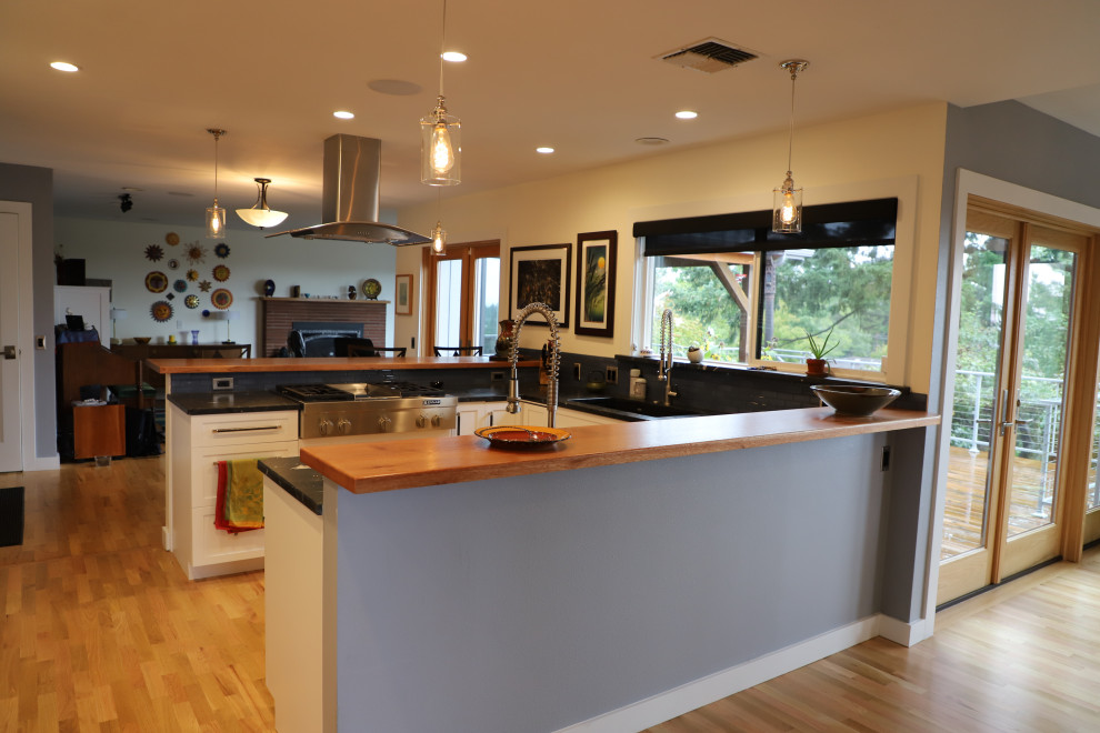 Example of a mid-sized transitional u-shaped medium tone wood floor and brown floor eat-in kitchen design with shaker cabinets, white cabinets, blue backsplash, stainless steel appliances, black countertops, an undermount sink, soapstone countertops, stone tile backsplash and a peninsula