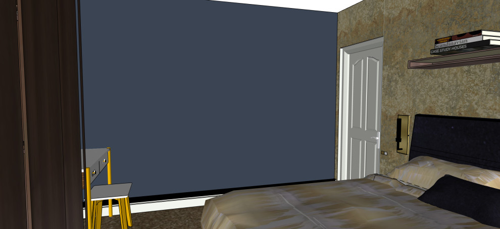 Cette image montre une petite chambre parentale design avec un mur bleu, un sol bleu et du papier peint.