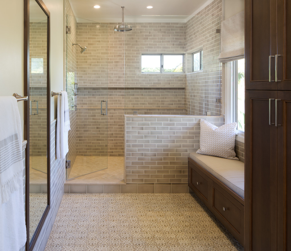 Design ideas for a transitional master bathroom in San Diego with recessed-panel cabinets, dark wood cabinets, an alcove shower, beige tile, subway tile, beige walls, beige floor and a hinged shower door.