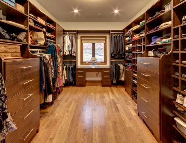 Large Custom Walk-In Closet in Chocolate Pear Tree Finish