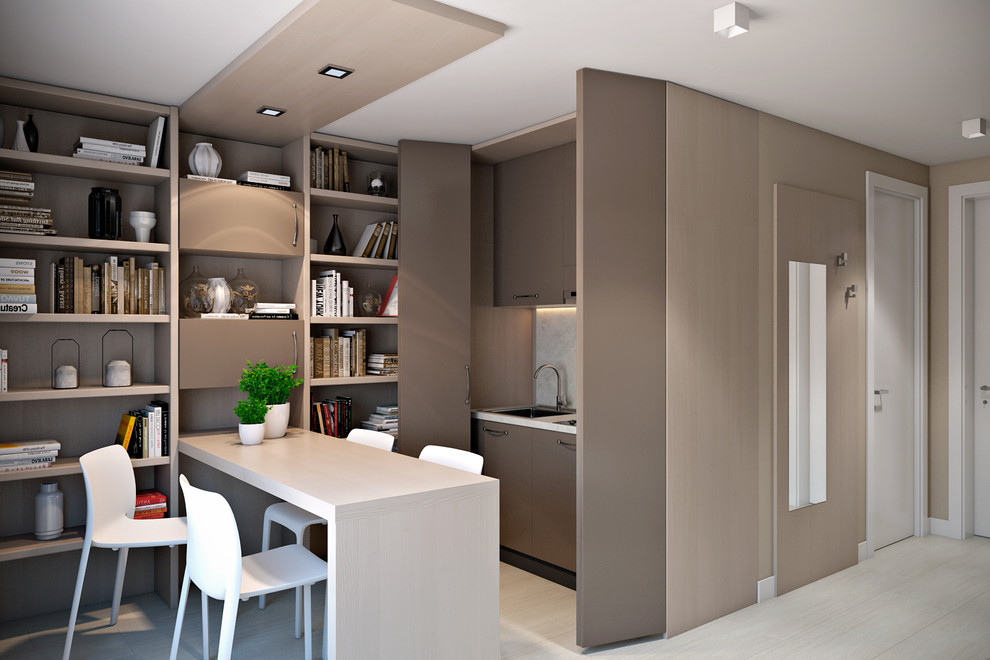 Photo of a small contemporary single-wall open plan kitchen in Milan with flat-panel cabinets, brown cabinets, white splashback and no island.