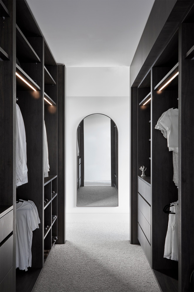 На фото: встроенный шкаф среднего размера, унисекс в стиле модернизм с открытыми фасадами, темными деревянными фасадами, ковровым покрытием и серым полом