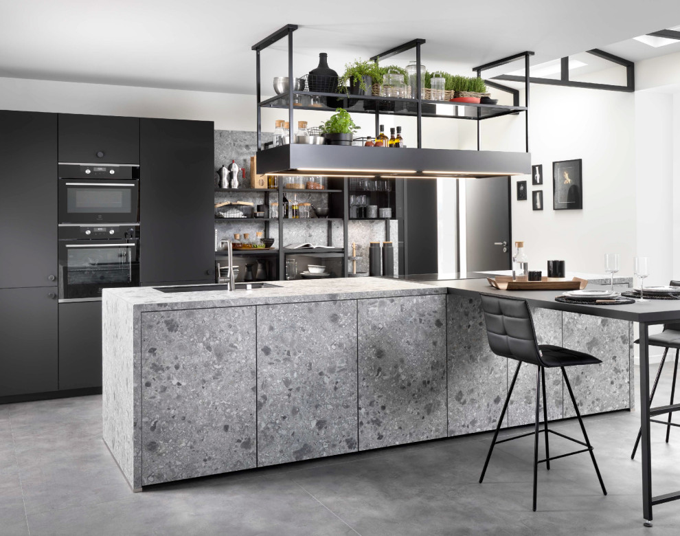 Design ideas for a medium sized urban open plan kitchen in Hertfordshire with an island.