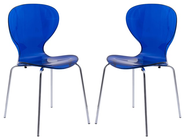 LeisureMod Oyster Modern Dinin Side Chair With Chrome Legs, Set of 2, Blue