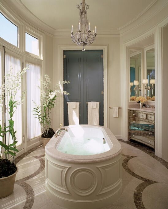 Design ideas for a large traditional master bathroom in San Francisco with flat-panel cabinets, a freestanding tub, white tile, white walls, ceramic floors, a drop-in sink, quartzite benchtops and multi-coloured floor.