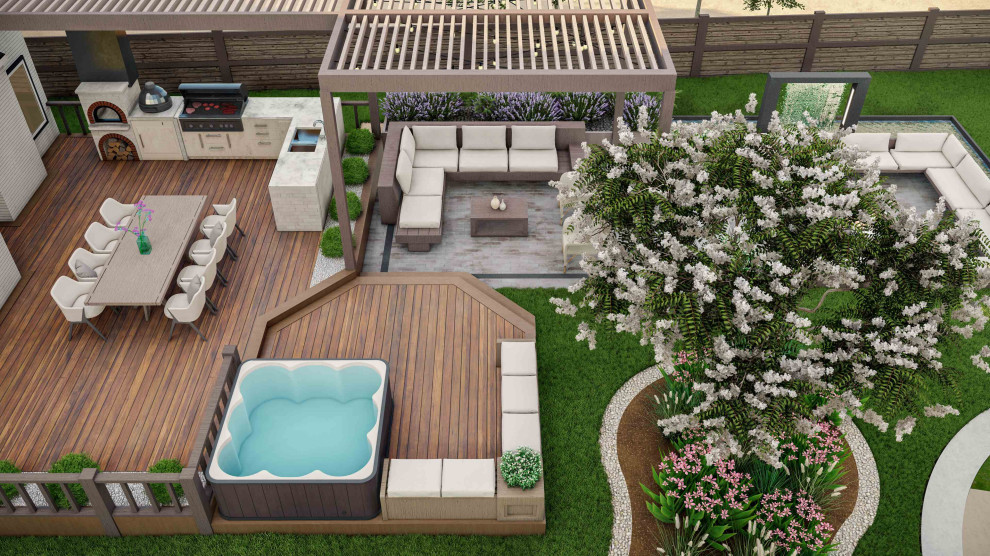 На фото: летний регулярный сад среднего размера на заднем дворе в стиле модернизм с с перголой, настилом и с деревянным забором с