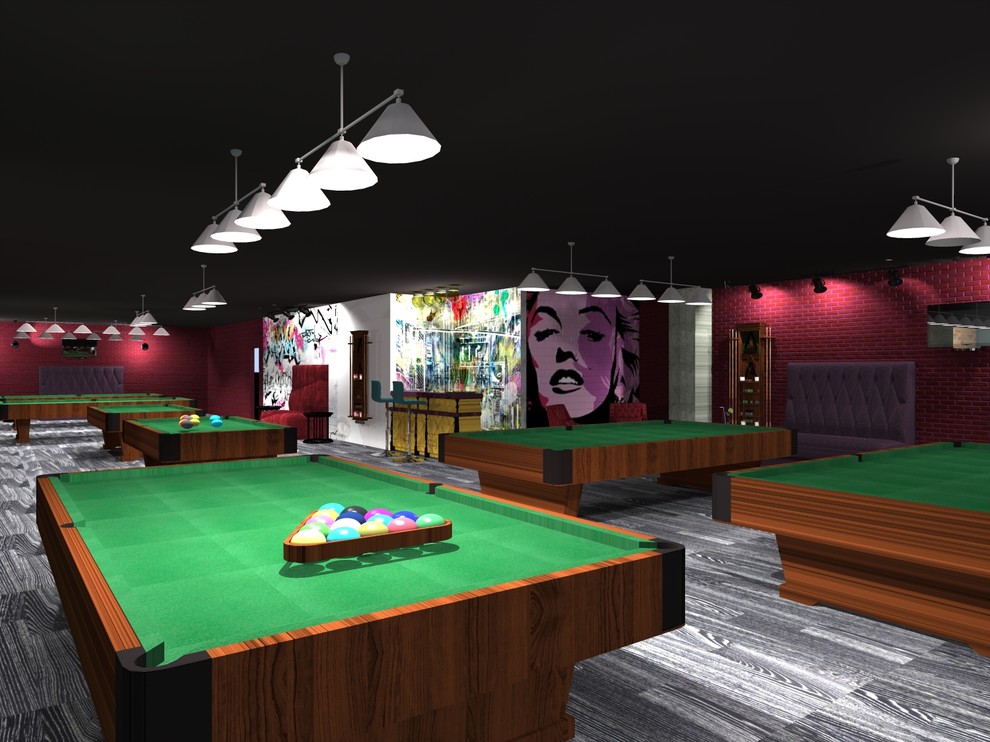 Бильярдный клуб в стиле эклектика с элементами поп-арта и индустриального стиля