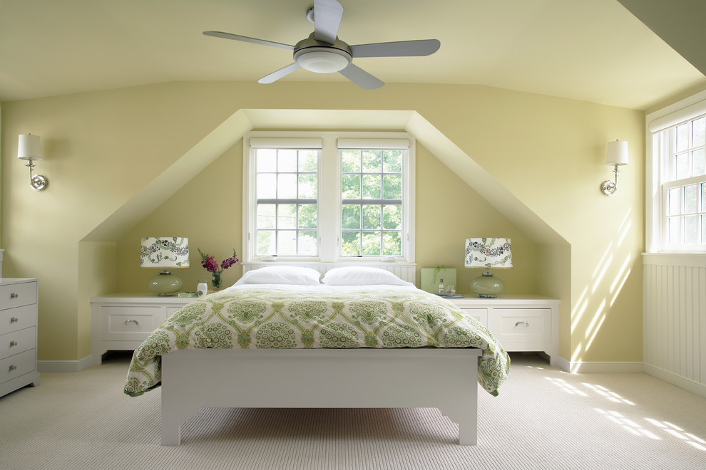 Design ideas for a large transitional master bedroom in Boise with green walls, carpet, no fireplace and white floor.
