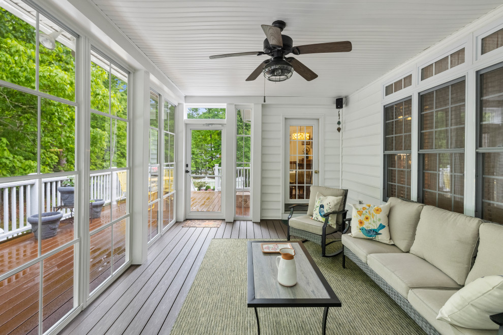 Large elegant screened-in back porch photo in Richmond with decking and a roof extension