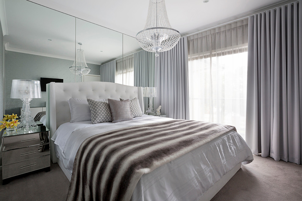 Design ideas for a large eclectic master bedroom in Melbourne with grey walls, carpet, no fireplace and grey floor.