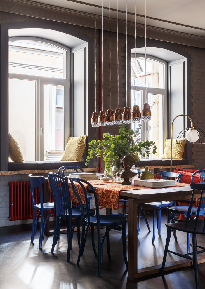 This is an example of a large open plan dining in Saint Petersburg with grey walls, linoleum floors and grey floor.