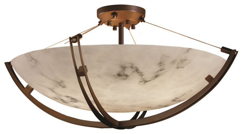 Crossbar 36" Round Semi-Flush Bowl With Crossbar, Dark Bronze/Faux Alabaster E26