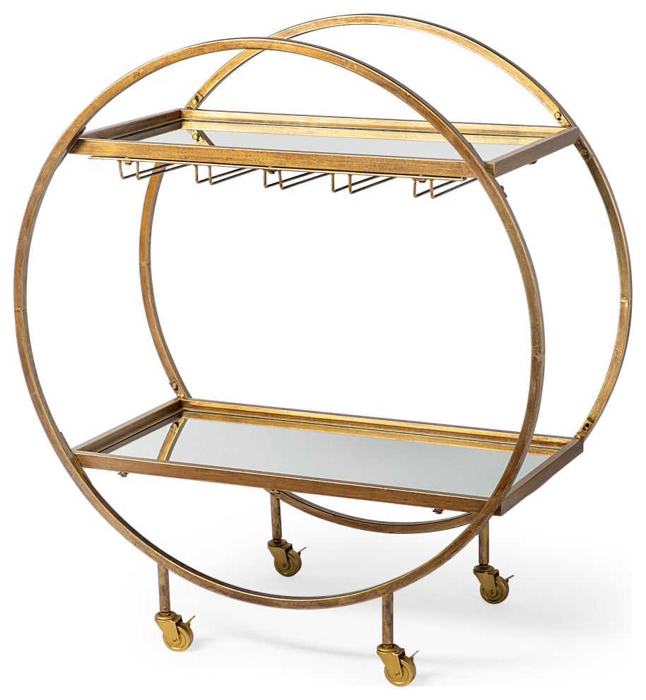 Carola Gold Frame Two-Tier Glass Shelves w/ Stemware Holder Bar Cart