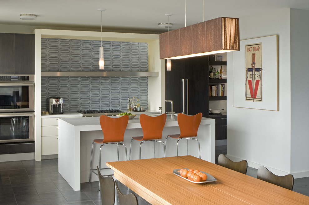 Inspiration for a midcentury galley eat-in kitchen in San Francisco with stainless steel appliances, flat-panel cabinets, blue splashback and ceramic splashback.