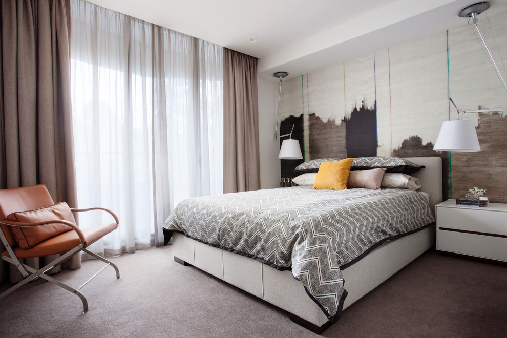 Design ideas for a mid-sized contemporary bedroom in Melbourne with white walls and carpet.