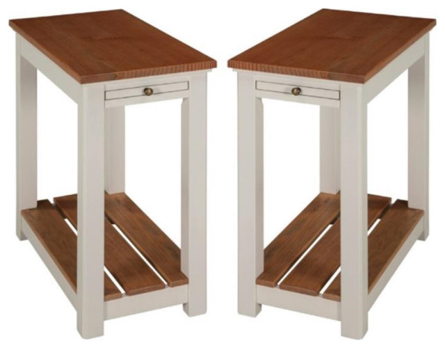 Home Square End Table with Pullout Shelf in Ivory and Natural Set of