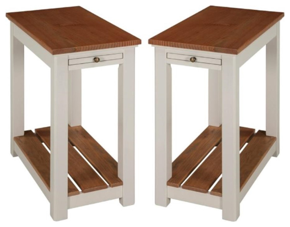Home Square End Table with Pullout Shelf in Ivory and Natural Set of 2 Transitional Side