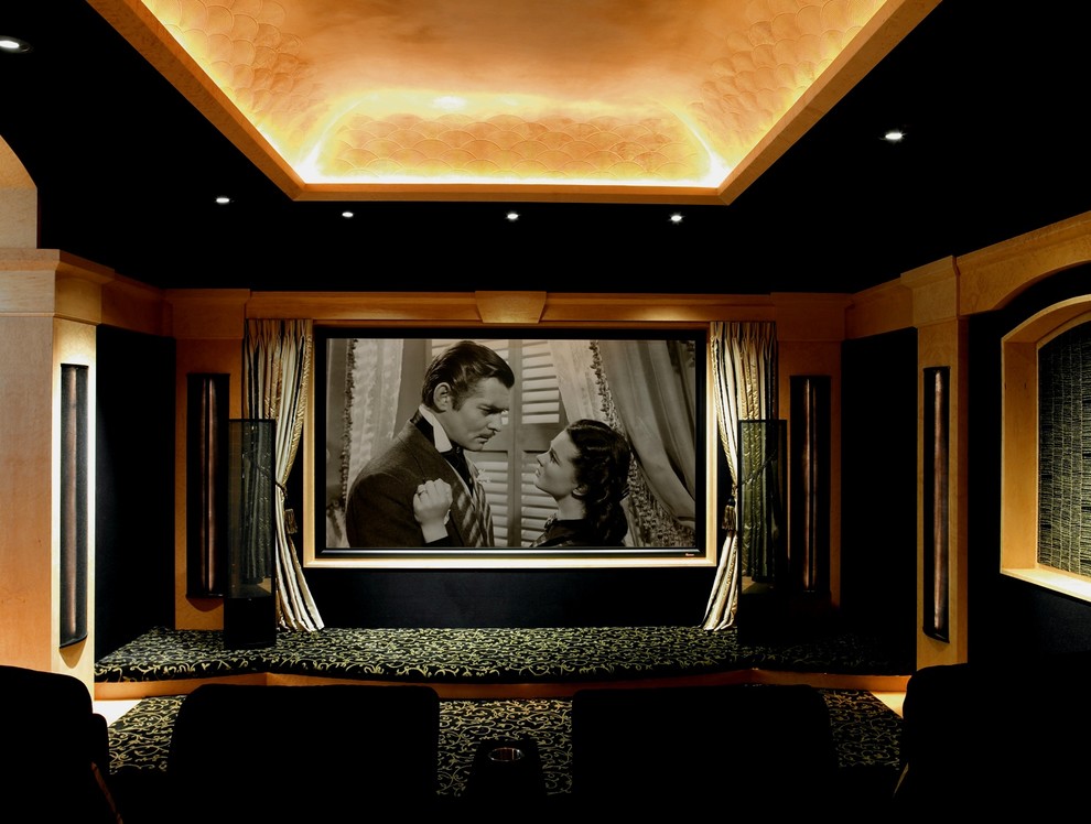 Inspiration for a traditional home theatre in Houston.