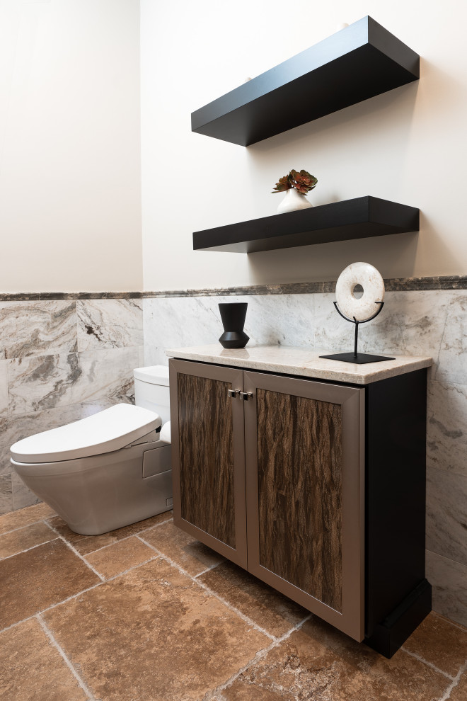 This is an example of a small traditional 3/4 bathroom in San Diego with flat-panel cabinets, black cabinets, an open shower, a one-piece toilet, gray tile, porcelain tile, grey walls, porcelain floors, an undermount sink, marble benchtops, brown floor, an open shower, grey benchtops, a shower seat, a single vanity and a freestanding vanity.