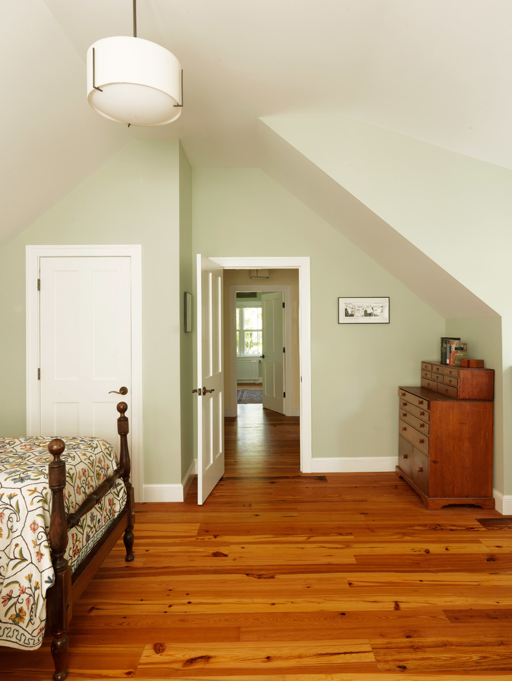 Large country master medium tone wood floor bedroom photo in Burlington with green walls and no fireplace