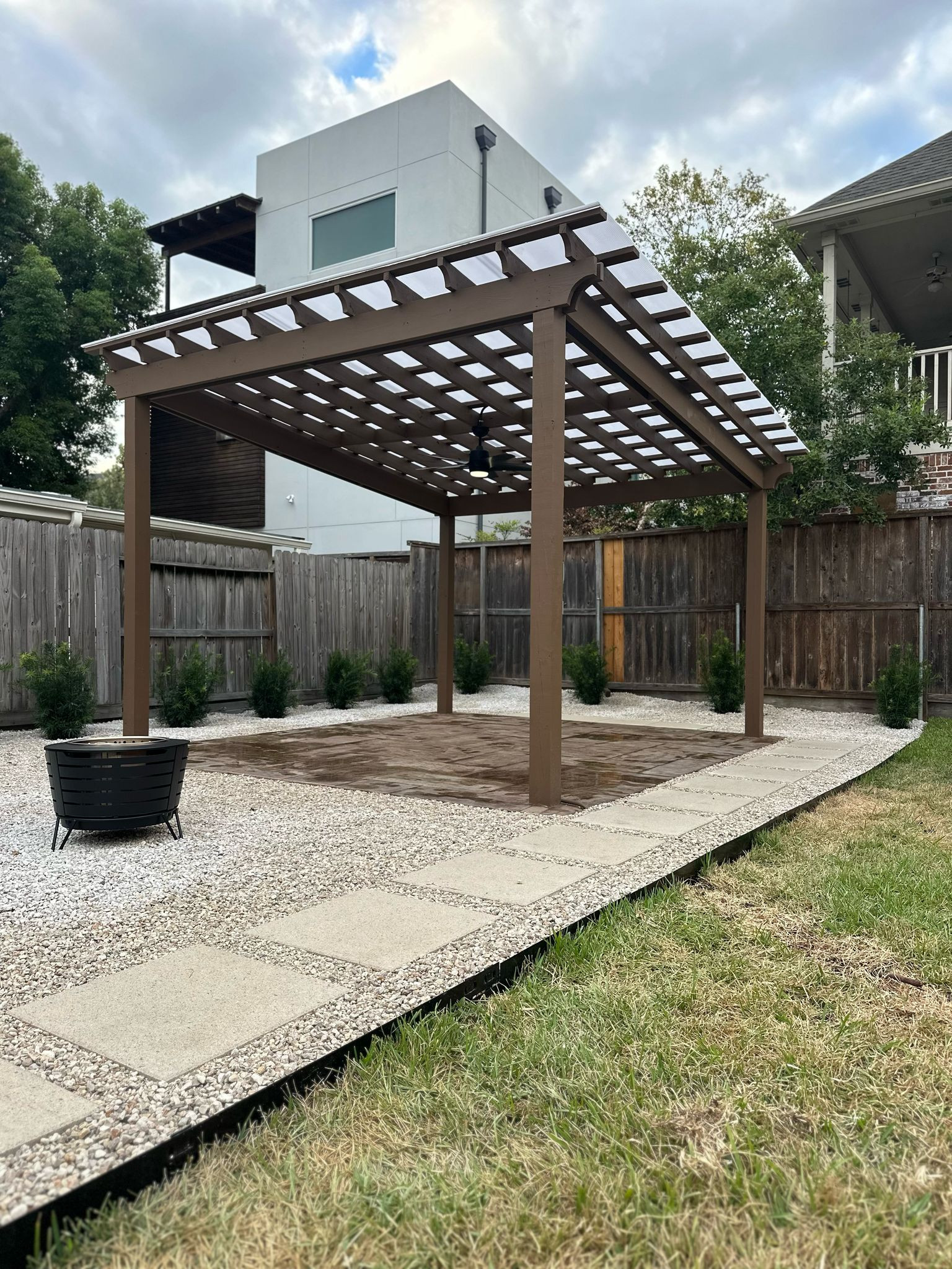 Beautiful stamped concrete patio with Pergola Cover on Haddon st!