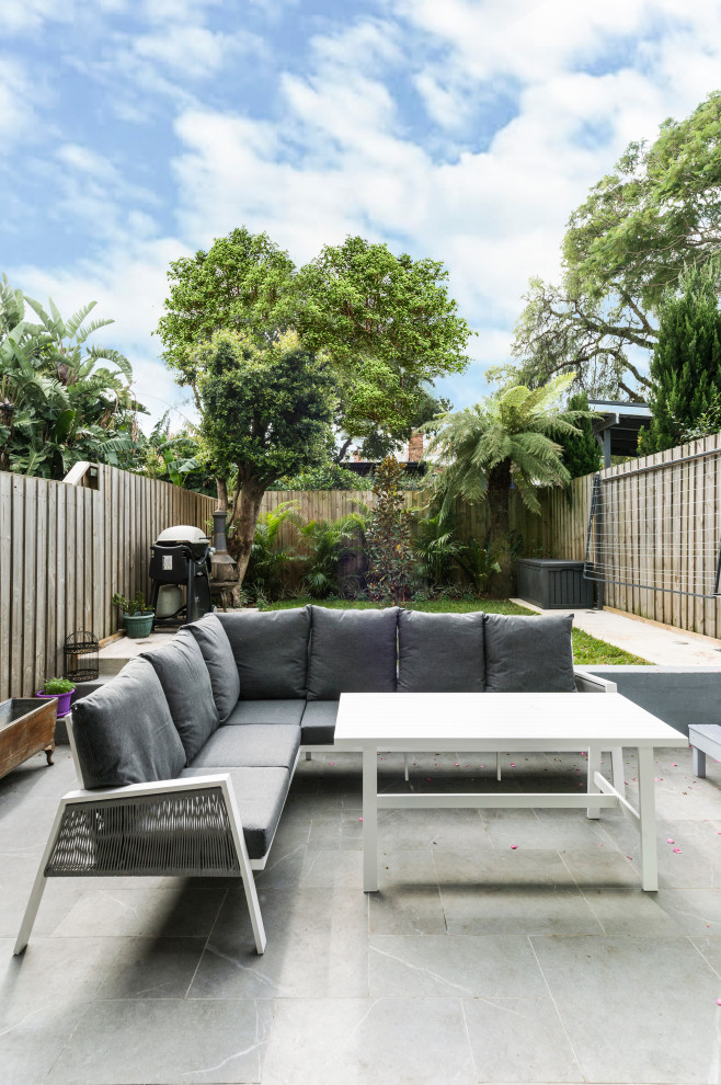 Photo of a small contemporary backyard patio in Sydney with concrete pavers and no cover.