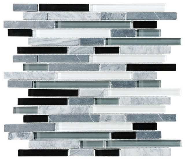 Bliss Midnight Stone and Glass Linear Mosaic Tile, 12"x12" Sheet