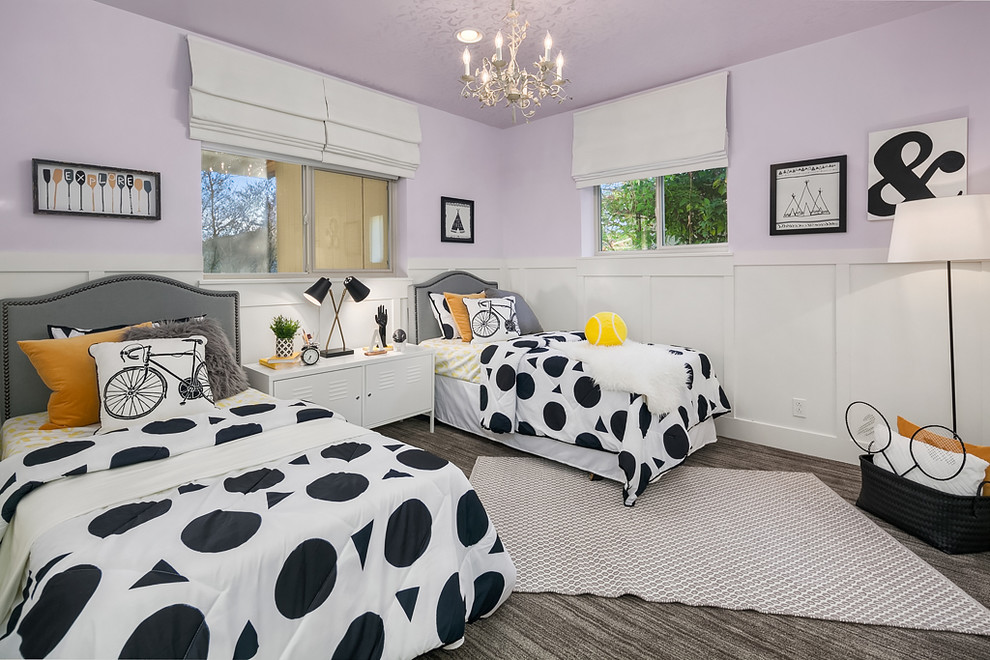 Inspiration for a transitional kids' bedroom for girls in Seattle with purple walls, carpet and grey floor.