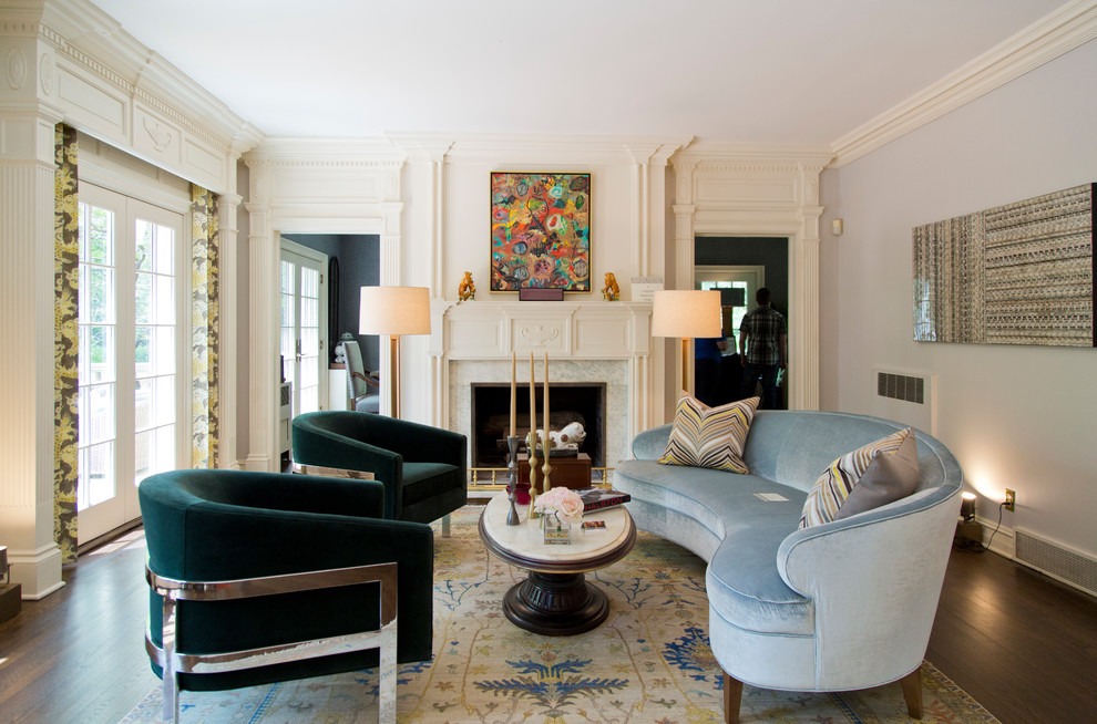 Example of a large transitional formal and enclosed dark wood floor and brown floor living room design in Kansas City with gray walls, a standard fireplace and a stone fireplace