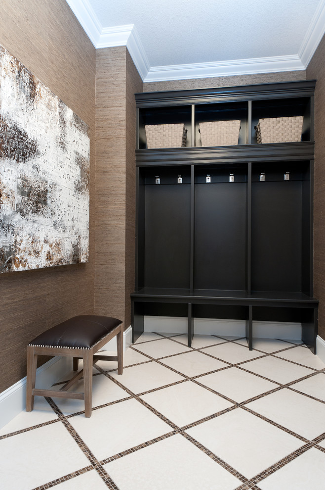 Design ideas for a mid-sized contemporary mudroom in Edmonton with brown walls and ceramic floors.