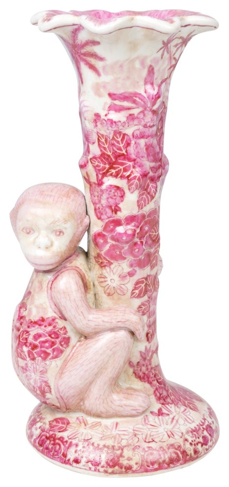 Porcelain Pink and White Monkey Candle Stick Holder 10.5"