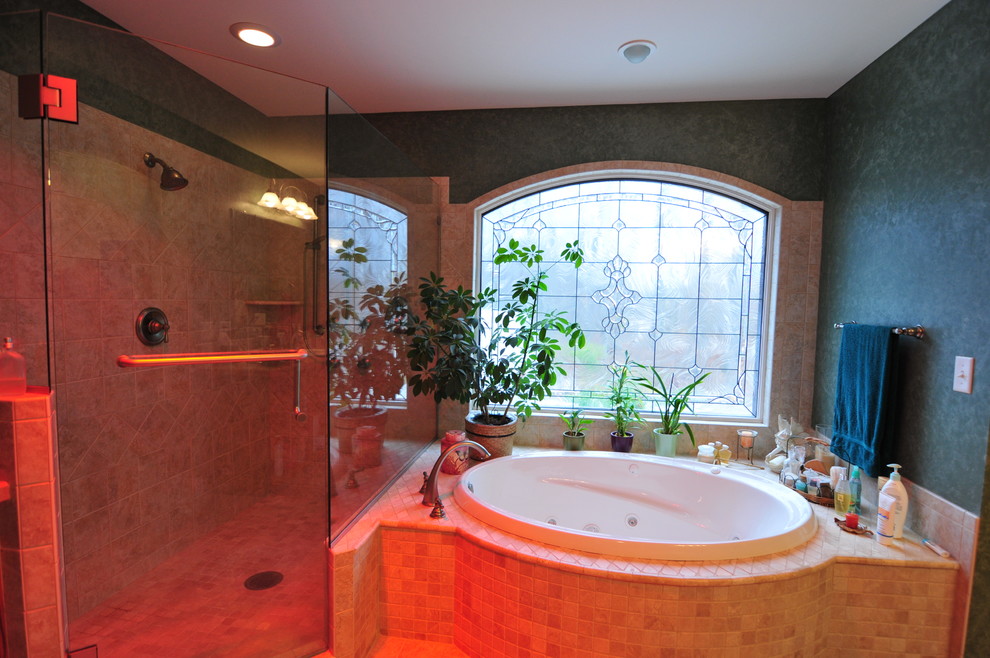 Inspiration for a large transitional multicolored tile ceramic tile alcove bathtub remodel with blue walls, a drop-in sink and tile countertops