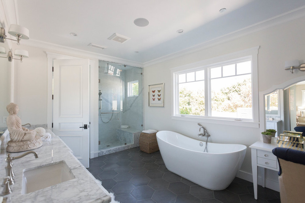 Large transitional master wet room bathroom in San Francisco with shaker cabinets, white cabinets, a freestanding tub, white walls, slate floors, an undermount sink, marble benchtops, gray tile, yellow tile and stone slab.