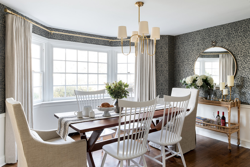 Inspiration for a timeless dark wood floor, brown floor, wainscoting and wallpaper enclosed dining room remodel with gray walls