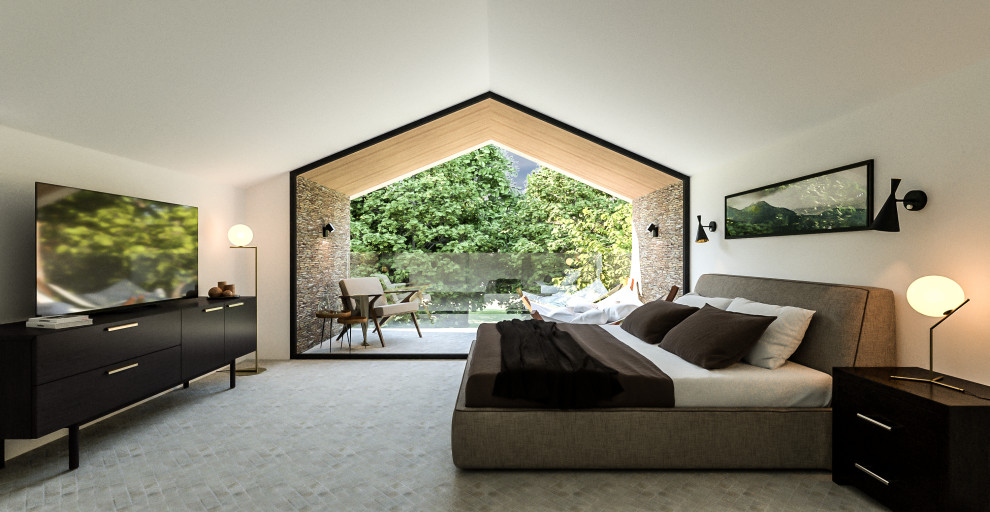 Design ideas for a large contemporary guest bedroom in Other with white walls, ceramic floors, grey floor and vaulted.