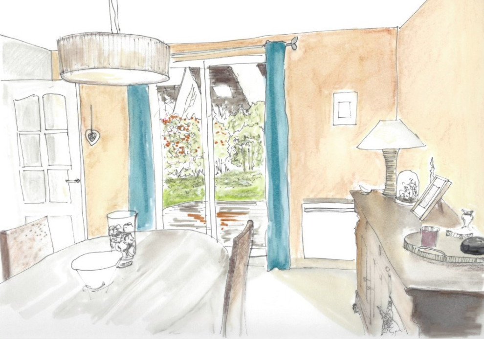 Esquisse salon aux murs couleur ocre